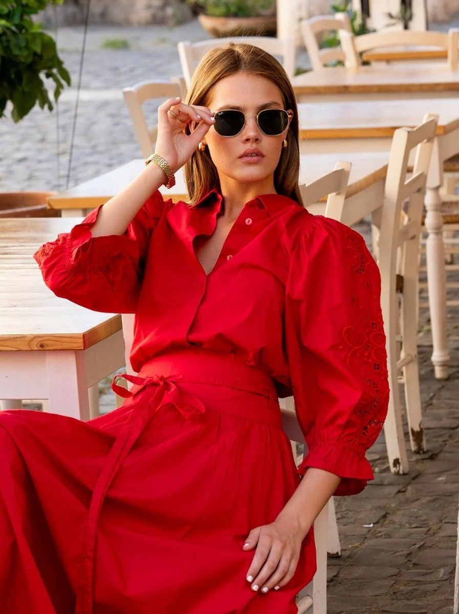 MissMaya Amy Embroidered Shirt City Red Poplin